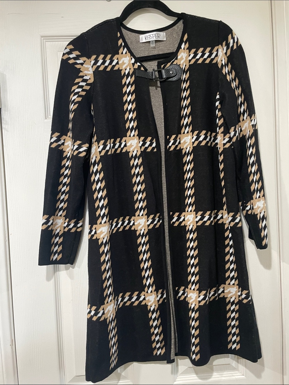 Kasper Black and Tan Plaid Long Sleeve Knit Coatigan